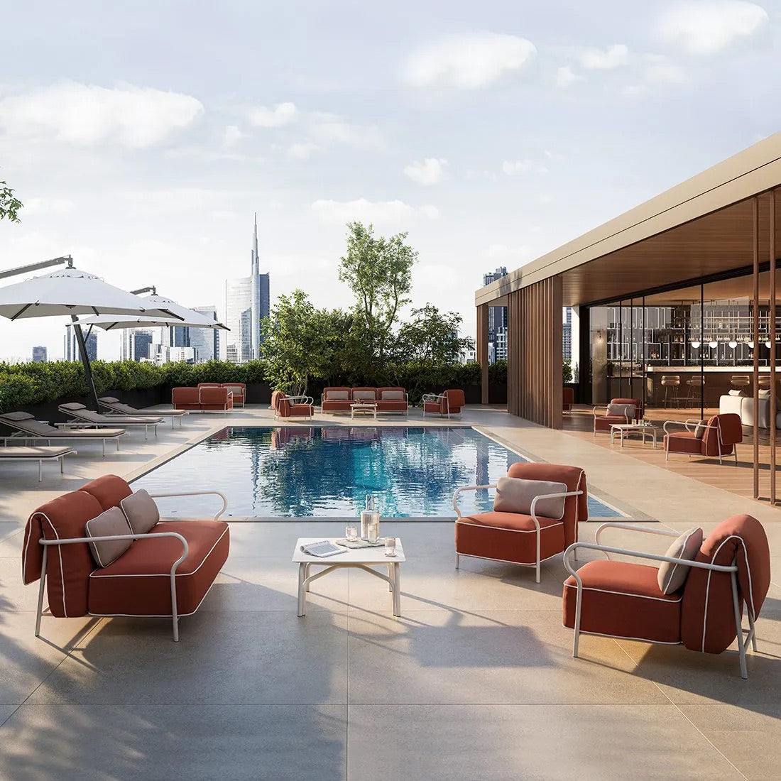 Modern Unopiu Salo 70 cm aluminum lounge table in terracotta on terrace with garden view