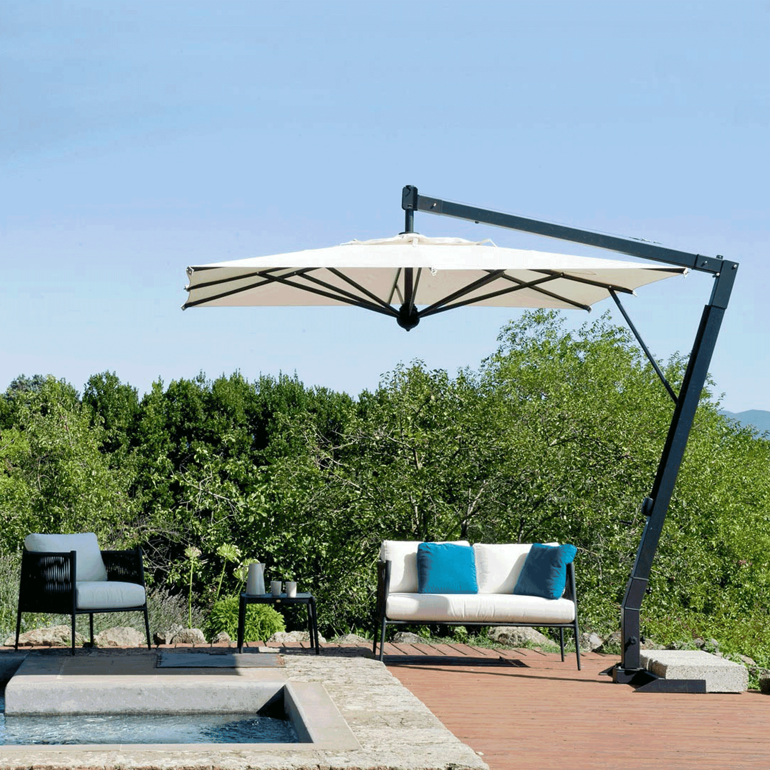 Unopiù Salento Ampelschirm 285×285 cm in Graphitgrau – seitlicher Aluminiumständer