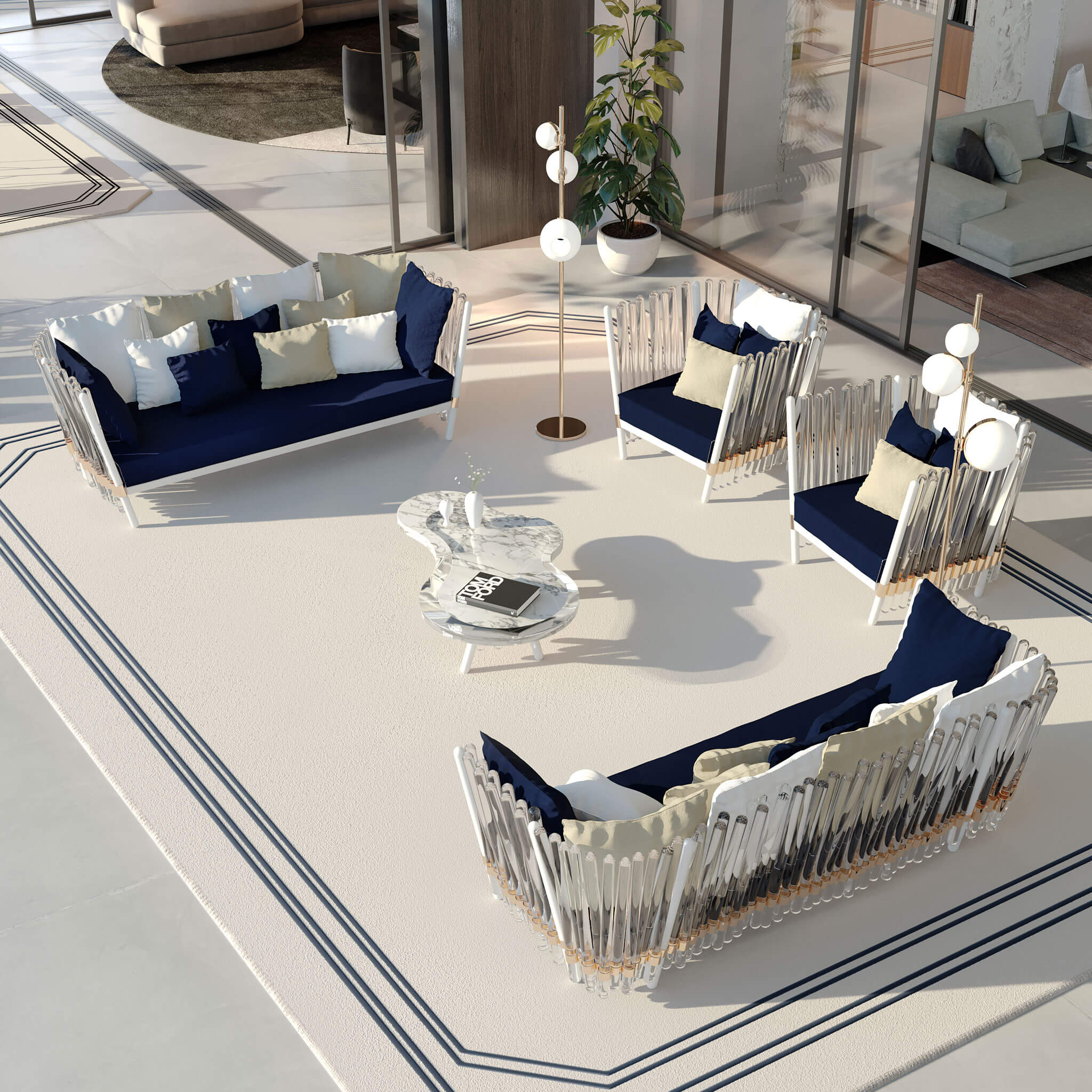 Loungegruppe mit Sofa und Tisch im Garten