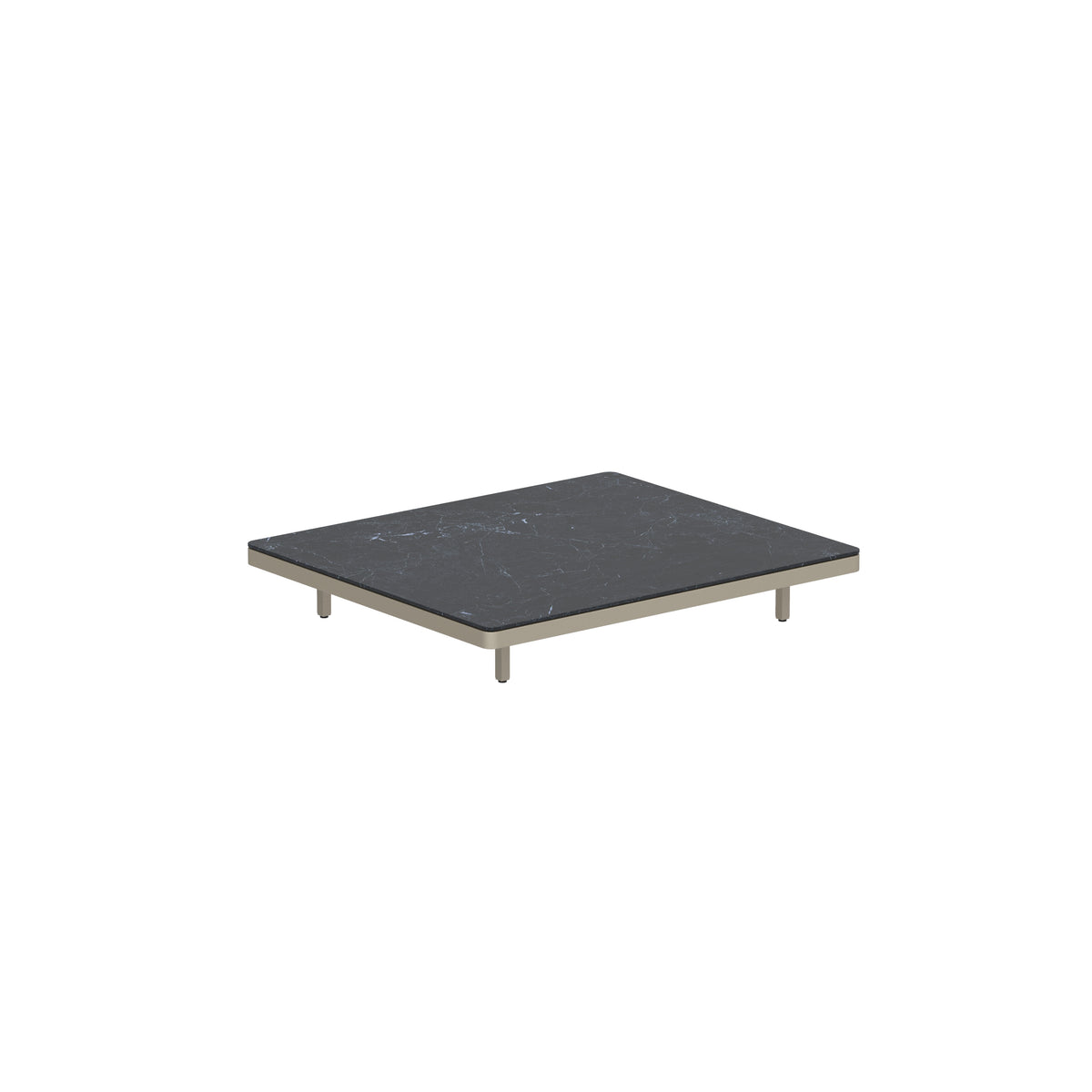 Royal Botania Alura Lounge Tisch 140 × 120 cm, Tischmodul (Sockelhöhe), Gestell sand, Keramik schwarz geädert (Nero Marquina)