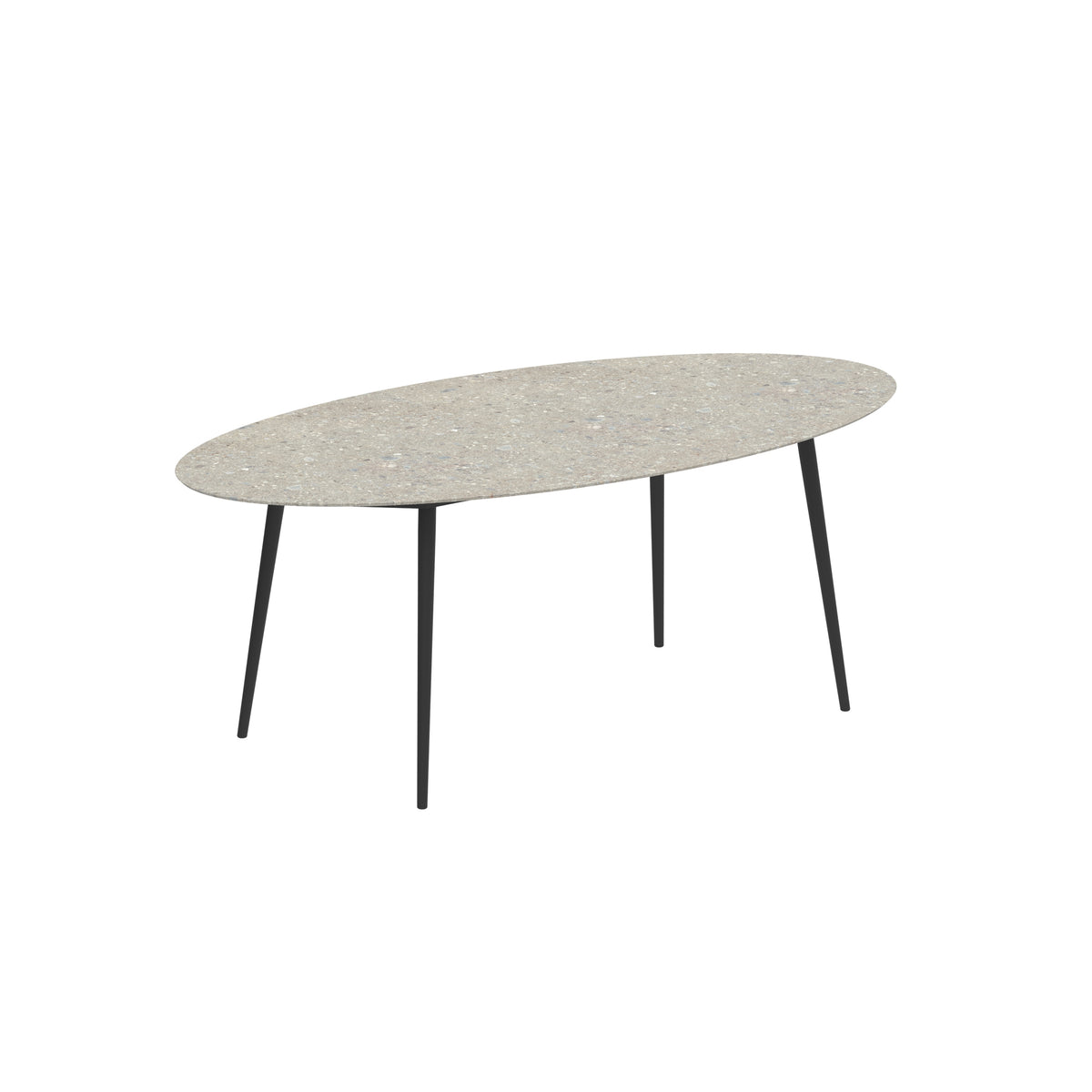 Royal Botania Styletto Thekentisch Ellipse 250 x 130 cm, Alu anthrazit, Keramik grau gemustert (Ceppo Dolomitica)