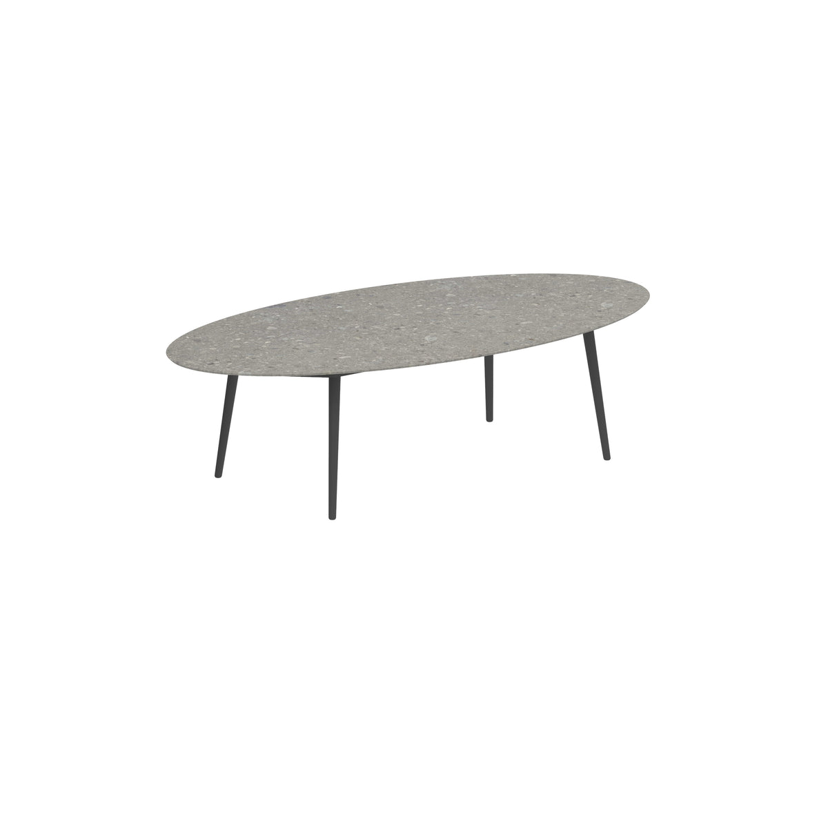 Royal Botania Styletto Low-Dining-Tisch Ellipse 250 x 130 cm, Alu anthrazit, Keramik grau gemustert (Ceppo Dolomitica)