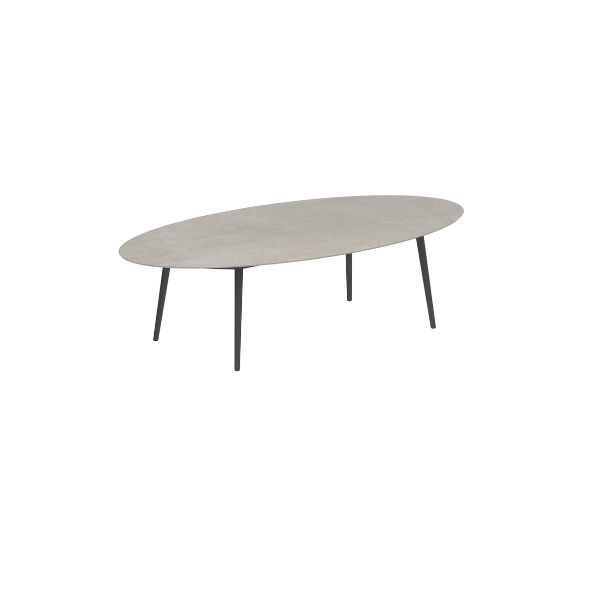 Royal Botania Styletto Low-Dining-Tisch Ellipse 250 x 130 cm, Alu anthrazit, Keramik zementgrau (Cemento Luminoso)