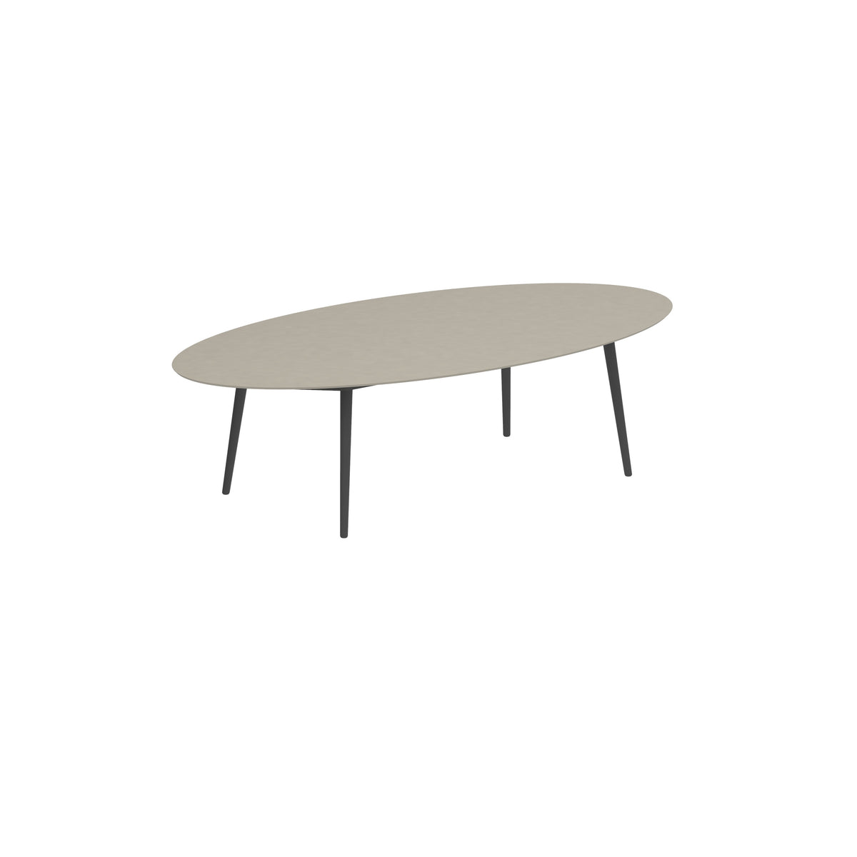 Royal Botania Styletto Low-Dining-Tisch Ellipse 250 x 130 cm, Alu anthrazit, Keramik perlgrau (Pearl Grey)