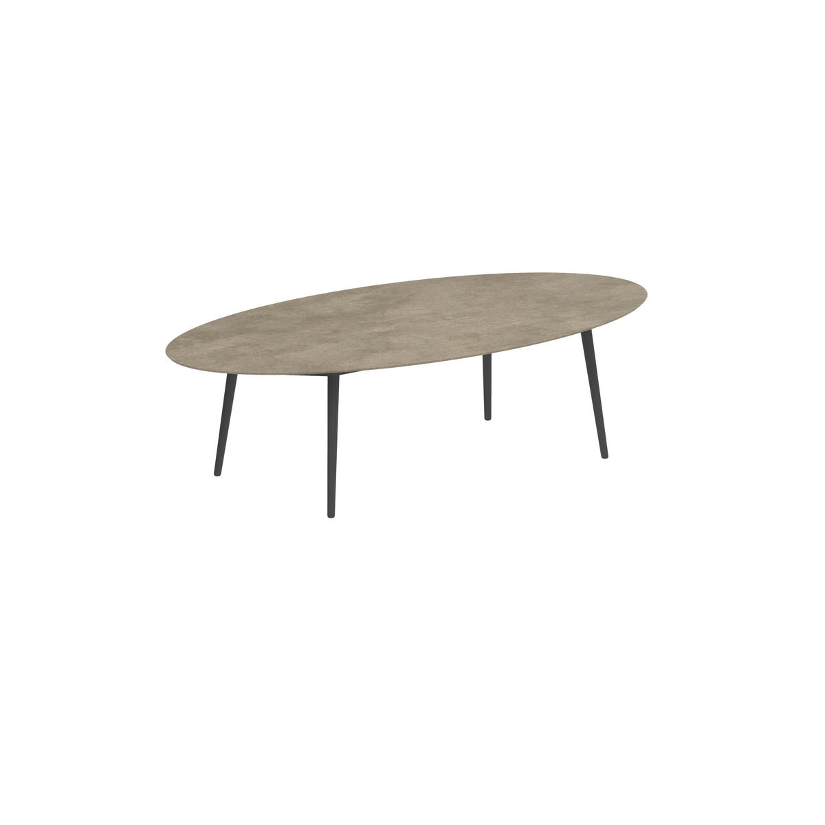 Royal Botania Styletto Low-Dining-Tisch Ellipse 250 x 130 cm, Alu anthrazit, Keramik graubraun (Terra Sabbia)
