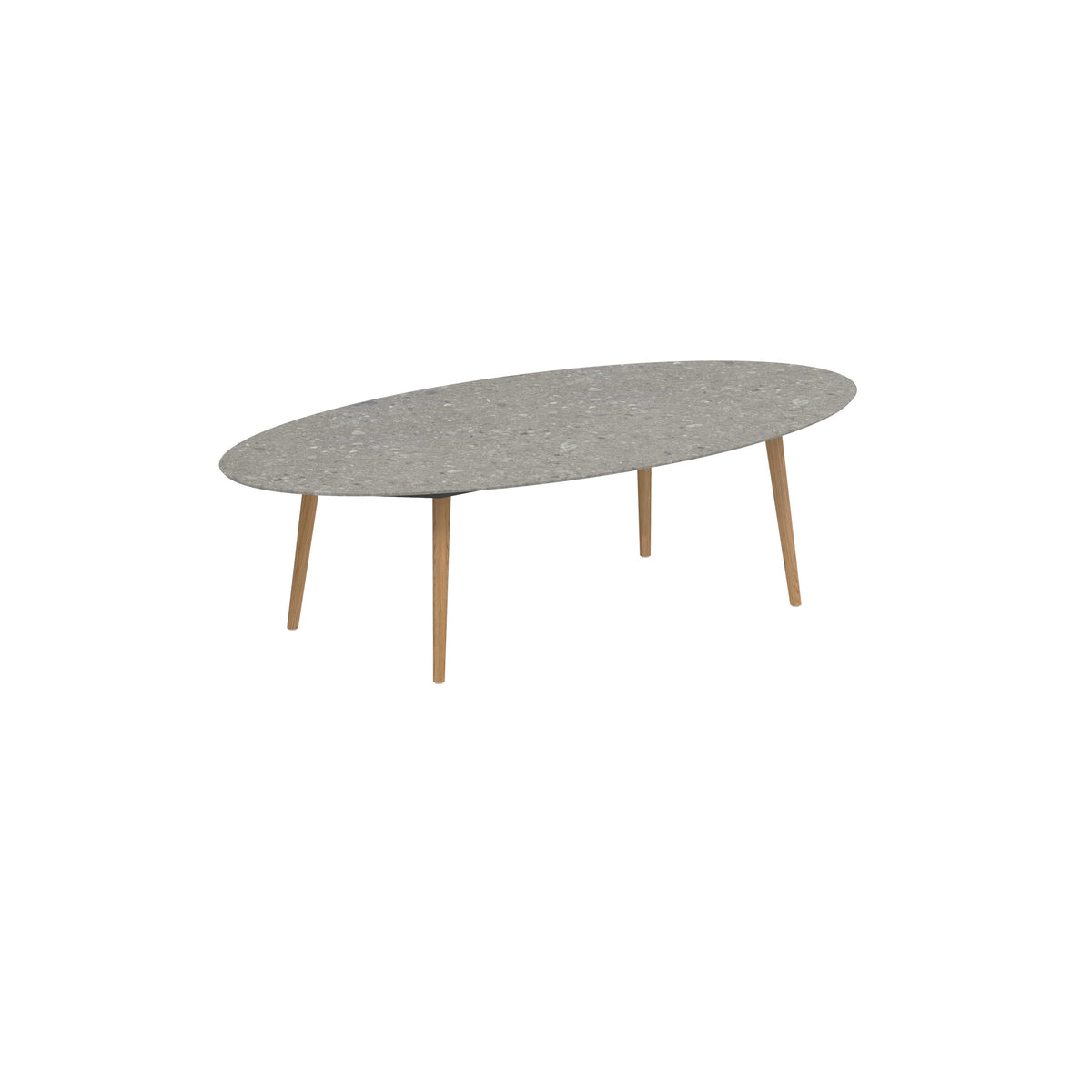 Royal Botania Styletto Low-Dining-Tisch Ellipse 250 x 130 cm, Teakbeine, Keramik grau gemustert (Ceppo Dolomitica)