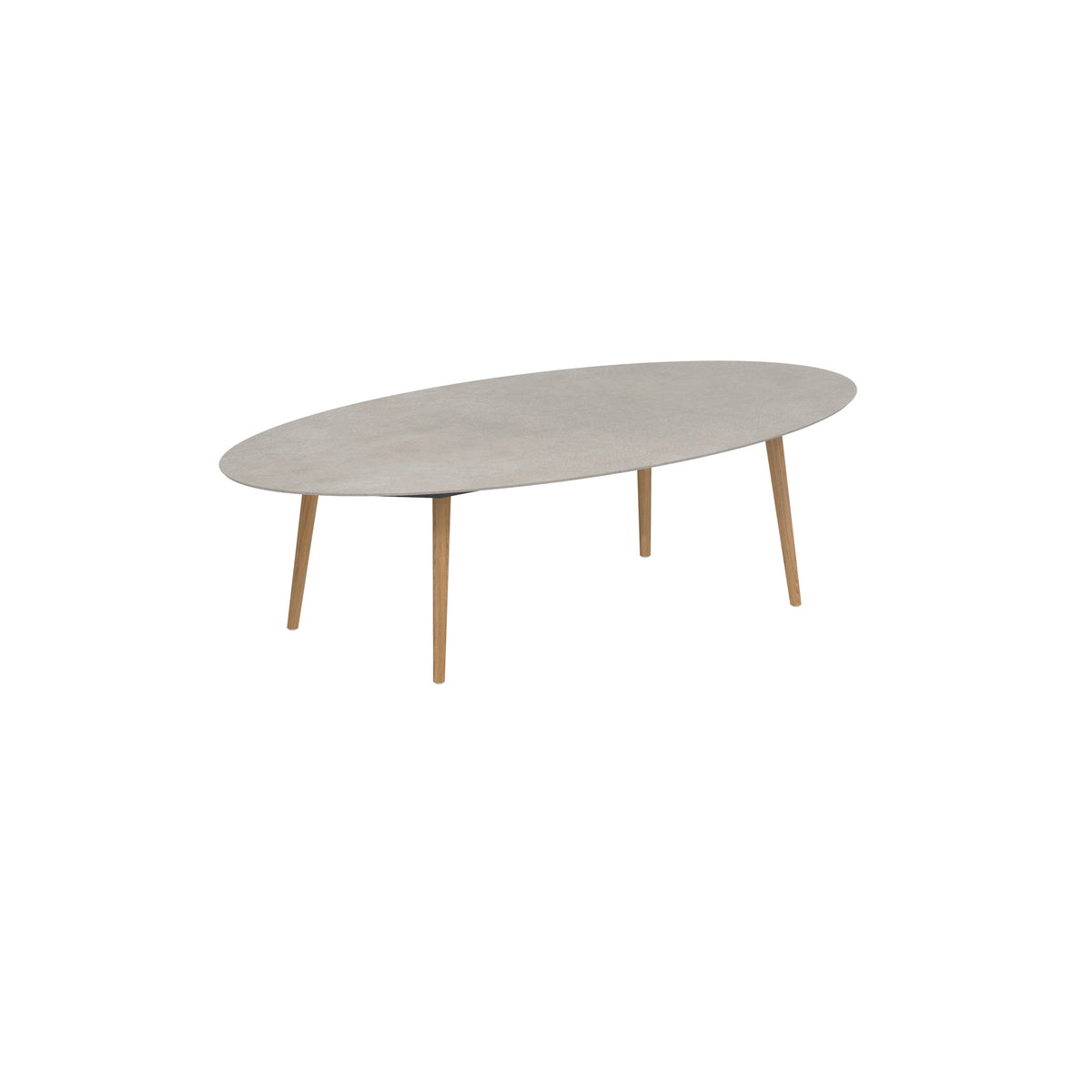 Royal Botania Styletto Low-Dining-Tisch Ellipse 250 x 130 cm, Teakbeine, Keramik zementgrau (Cemento Luminoso)