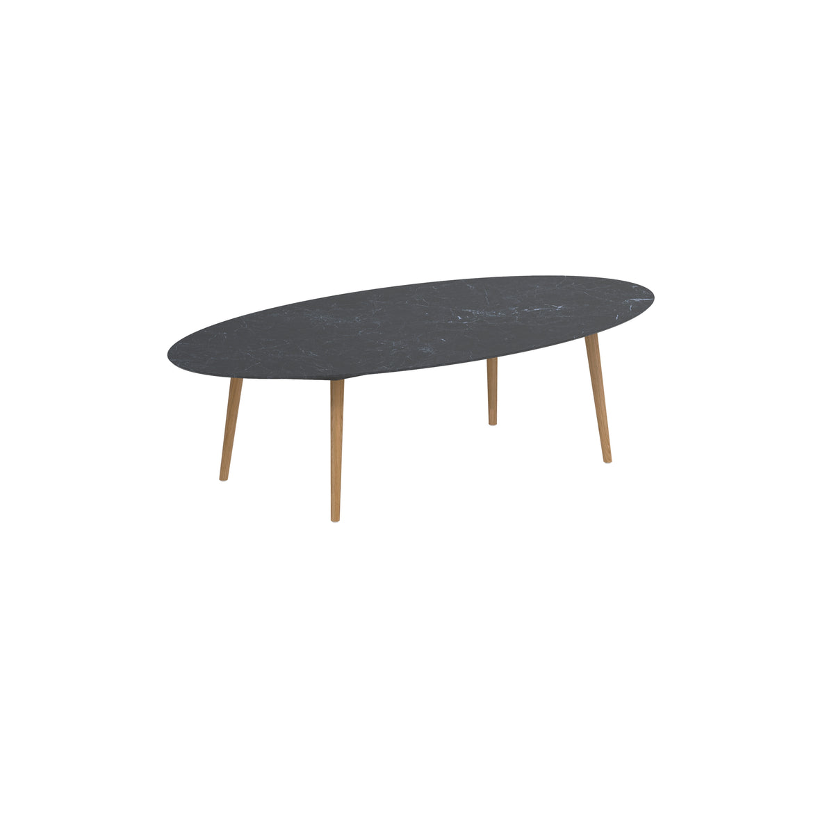 Royal Botania Styletto Low-Dining-Tisch Ellipse 250 x 130 cm, Teakbeine, Keramik schwarz geädert (Nero Marquina)