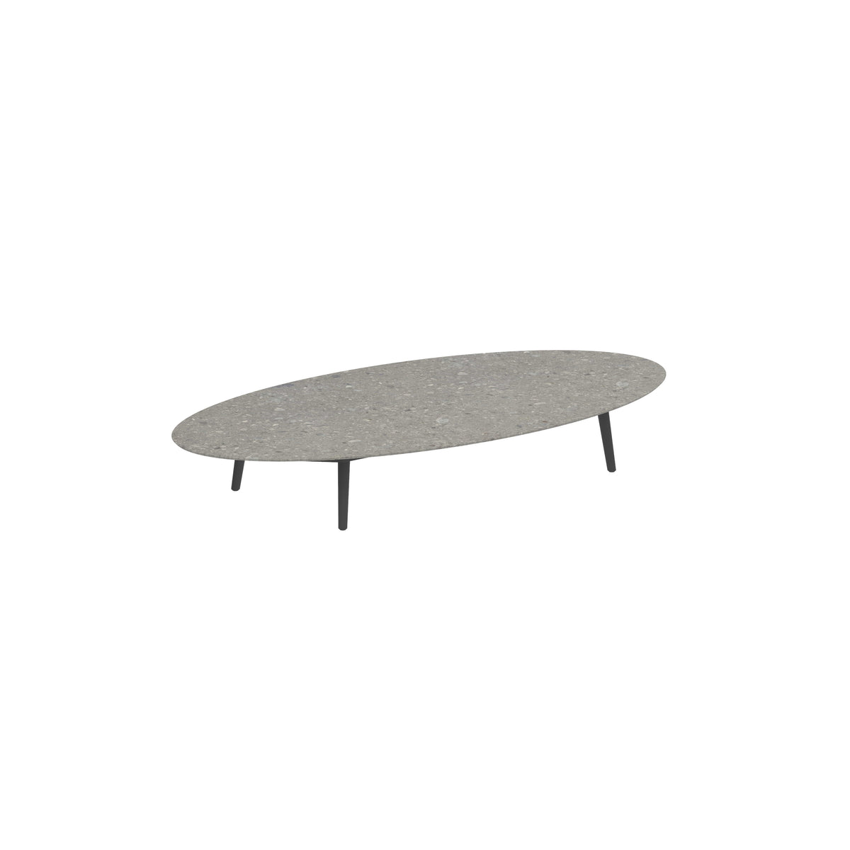 Royal Botania Styletto Loungetisch niedrig Ellipse 250 x 130 cm, Alu anthrazit, Keramik grau gemustert (Ceppo Dolomitica)