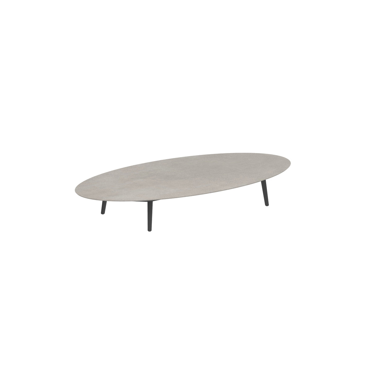 Royal Botania Styletto Loungetisch niedrig Ellipse 250 x 130 cm, Alu anthrazit, Keramik zementgrau (Cemento Luminoso)