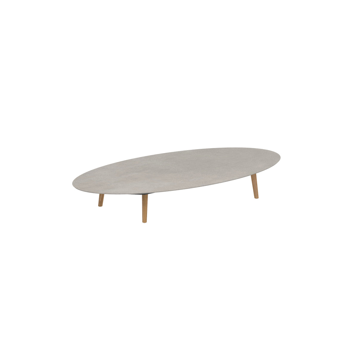 Royal Botania Styletto Loungetisch niedrig Ellipse 250 x 130 cm, Teakbeine, Keramik zementgrau (Cemento Luminoso)