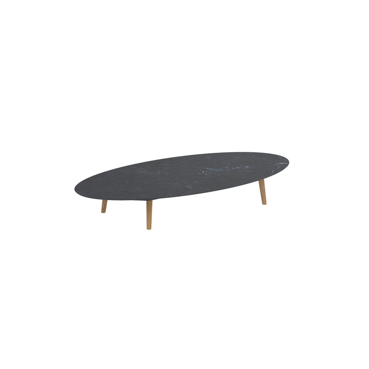 Royal Botania Styletto Loungetisch niedrig Ellipse 250 x 130 cm, Teakbeine, Keramik schwarz geädert (Nero Marquina)