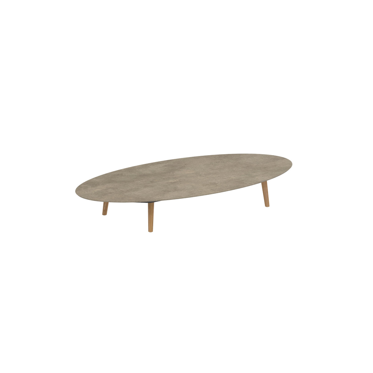 Royal Botania Styletto Loungetisch niedrig Ellipse 250 x 130 cm, Teakbeine, Keramik graubraun (Terra Sabbia)