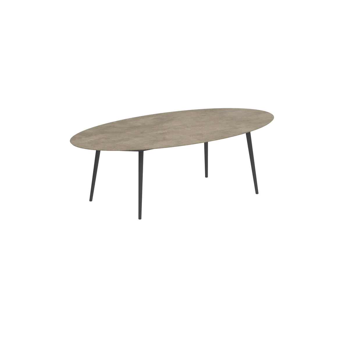 Royal Botania Styletto Esstisch Ellipse 250 x 130 cm, Alu anthrazit, Keramik graubraun (Terra Sabbia)