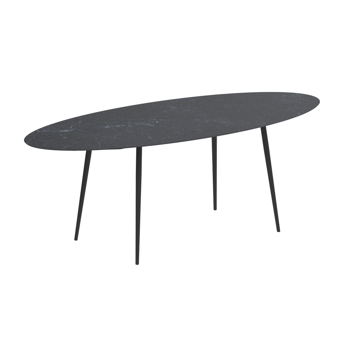 Royal Botania Styletto Bartisch Ellipse 320 x 140 cm, Alu anthrazit, Keramik schwarz geädert (Nero Marquina)