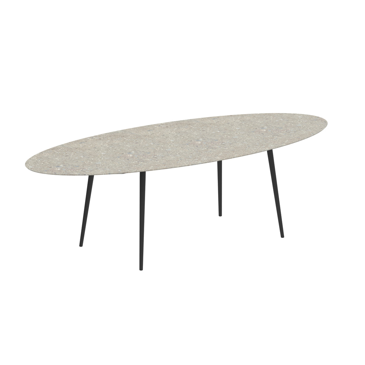 Royal Botania Styletto Thekentisch Ellipse 320 x 140 cm, Alu anthrazit, Keramik grau gemustert (Ceppo Dolomitica)
