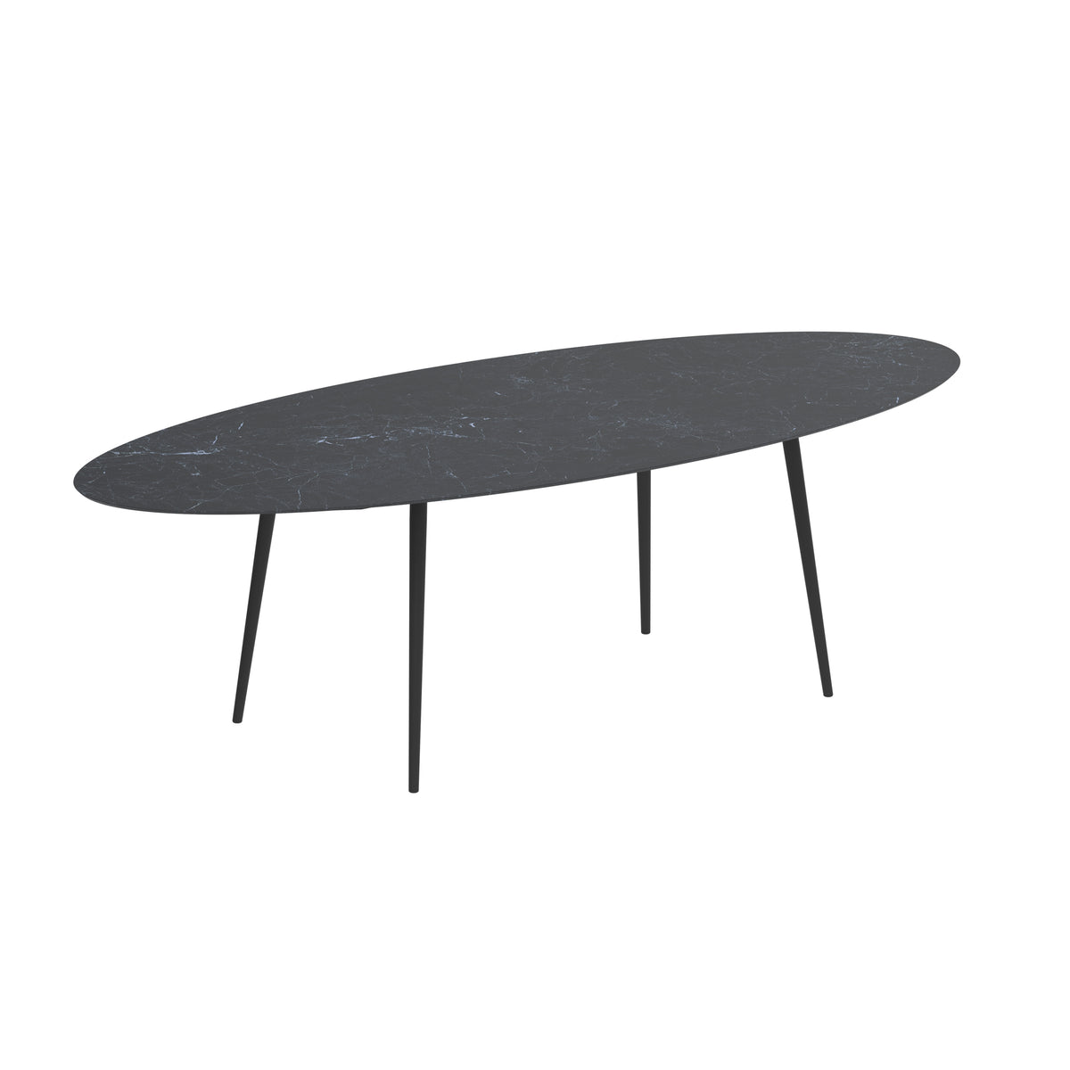 Royal Botania Styletto Thekentisch Ellipse 320 x 140 cm, Alu anthrazit, Keramik schwarz geädert (Nero Marquina)