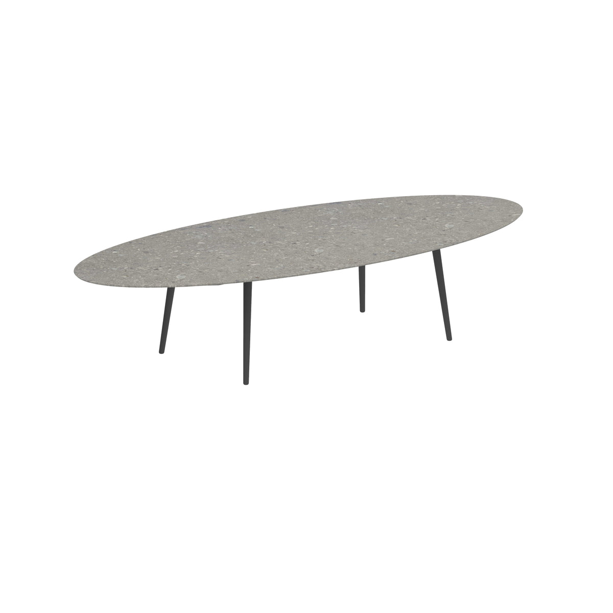 Royal Botania Styletto Low-Dining-Tisch Ellipse 320 x 140 cm, Alu anthrazit, Keramik grau gemustert (Ceppo Dolomitica)