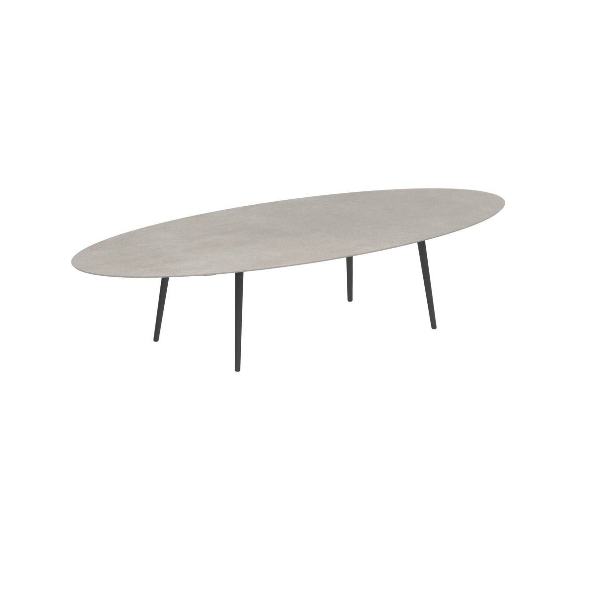 Royal Botania Styletto Low-Dining-Tisch Ellipse 320 x 140 cm, Alu anthrazit, Keramik zementgrau (Cemento Luminoso)