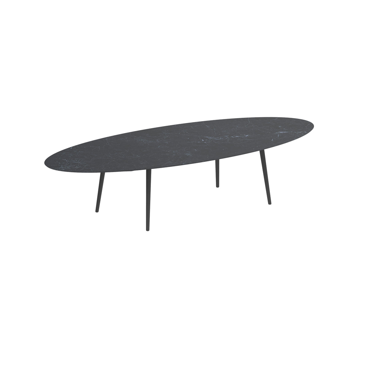 Royal Botania Styletto Low-Dining-Tisch Ellipse 320 x 140 cm, Alu anthrazit, Keramik schwarz geädert (Nero Marquina)
