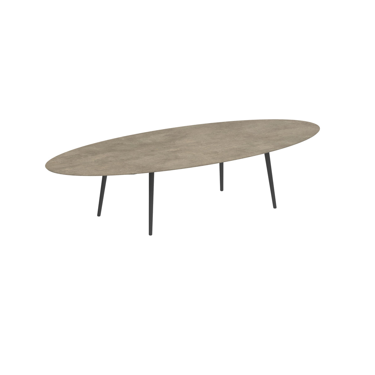 Royal Botania Styletto Low-Dining-Tisch Ellipse 320 x 140 cm, Alu anthrazit, Keramik graubraun (Terra Sabbia)