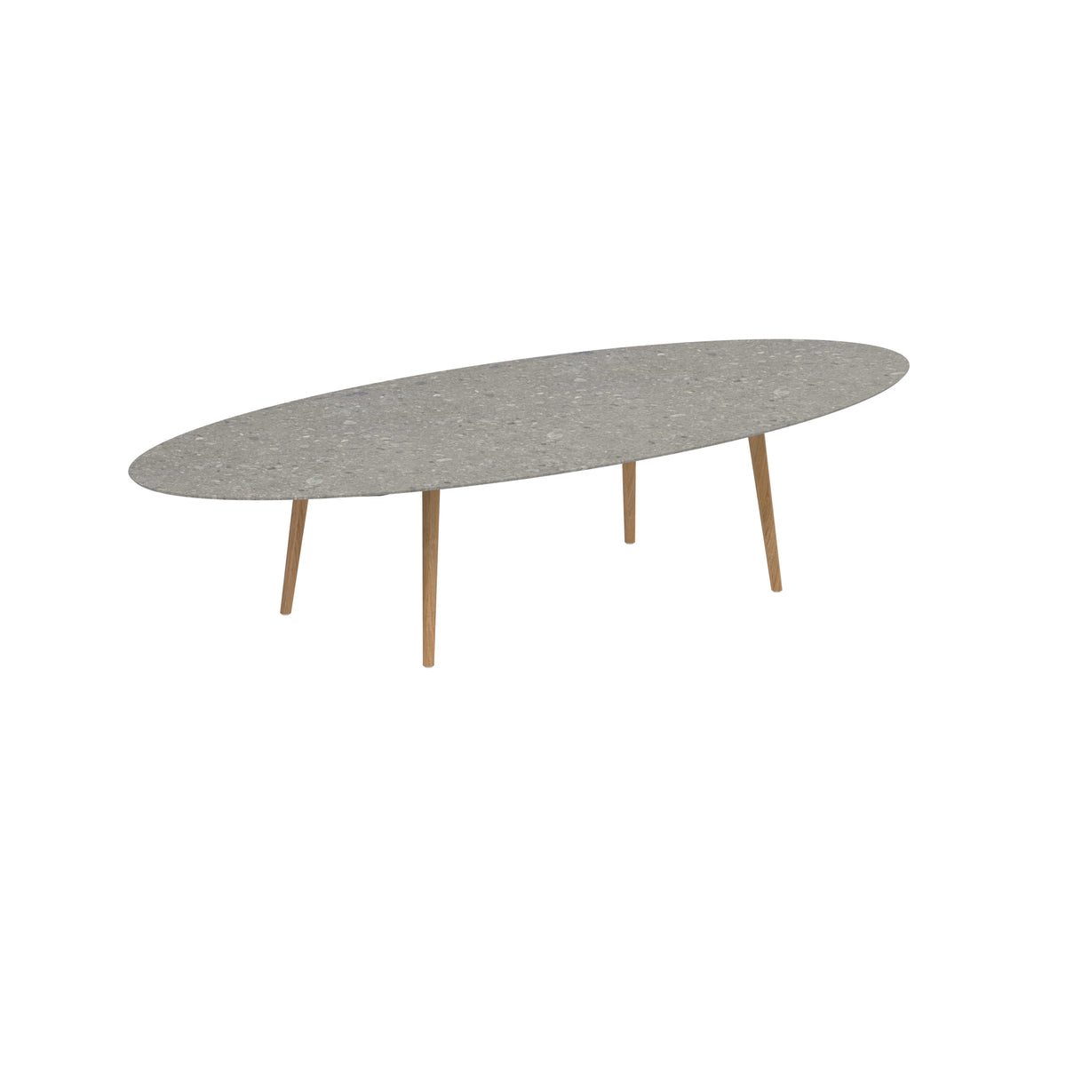 Royal Botania Styletto Low-Dining-Tisch Ellipse 320 x 140 cm, Teakbeine, Keramik grau gemustert (Ceppo Dolomitica)