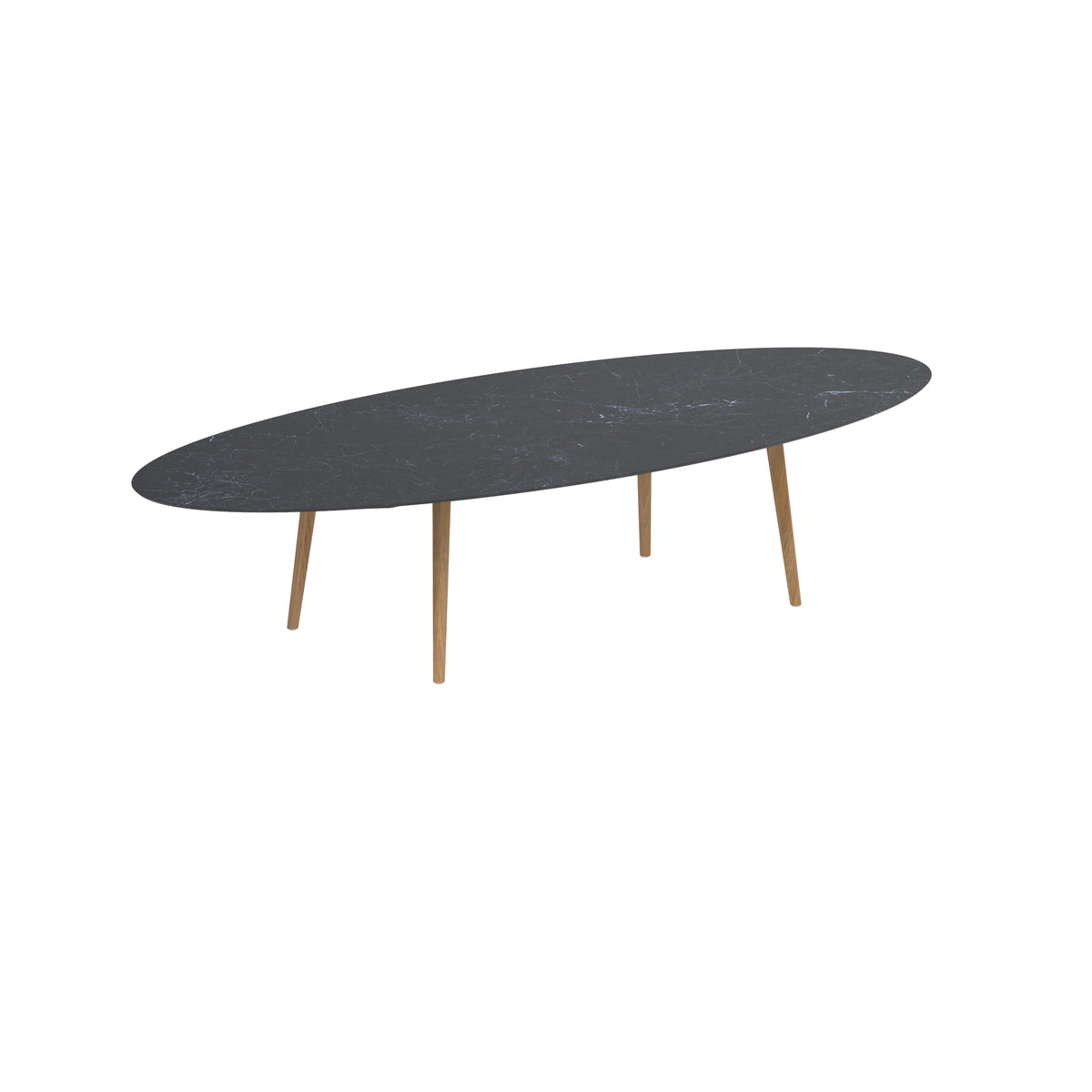 Royal Botania Styletto Low-Dining-Tisch Ellipse 320 x 140 cm, Teakbeine, Keramik schwarz geädert (Nero Marquina)