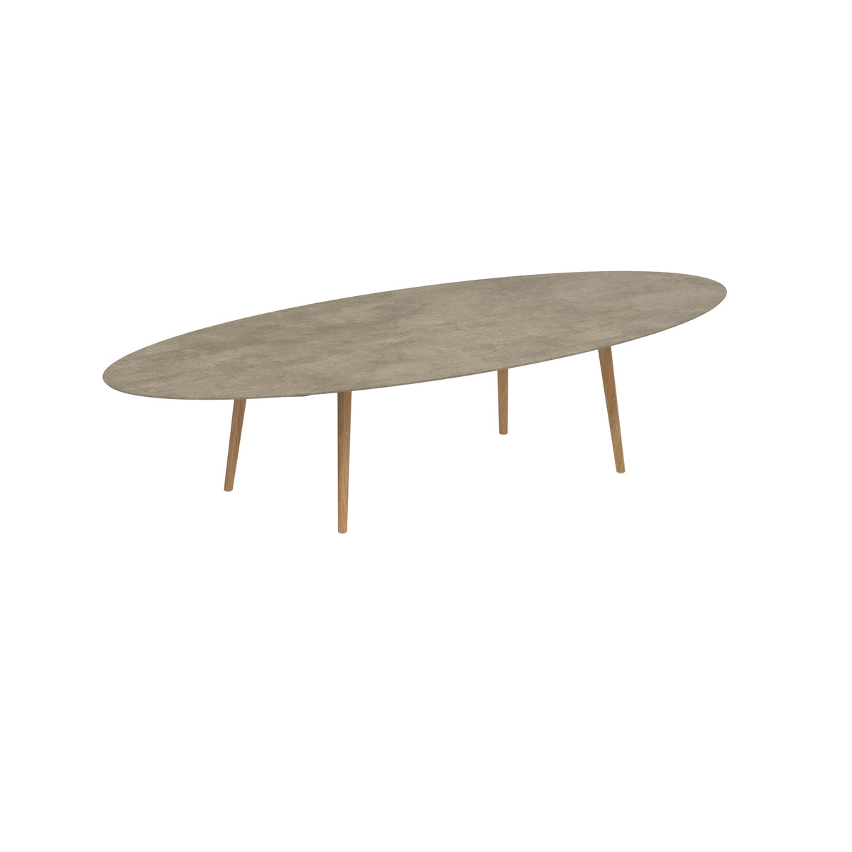 Royal Botania Styletto Low-Dining-Tisch Ellipse 320 x 140 cm, Teakbeine, Keramik graubraun (Terra Sabbia)