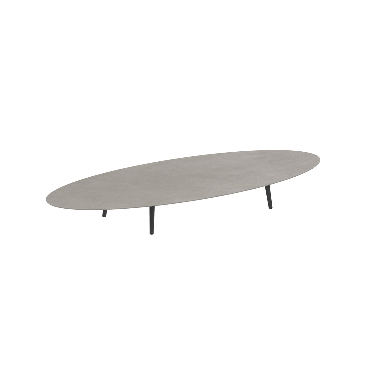 Royal Botania Styletto Loungetisch niedrig Ellipse 320 x 140 cm, Alu anthrazit, Keramik zementgrau (Cemento Luminoso)