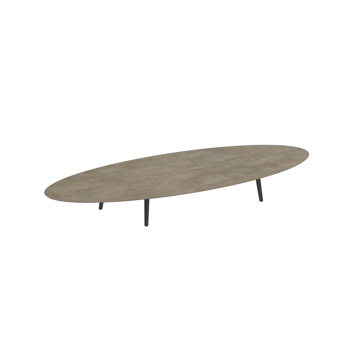 Royal Botania Styletto Loungetisch niedrig Ellipse 320 x 140 cm, Alu anthrazit, Keramik graubraun (Terra Sabbia)