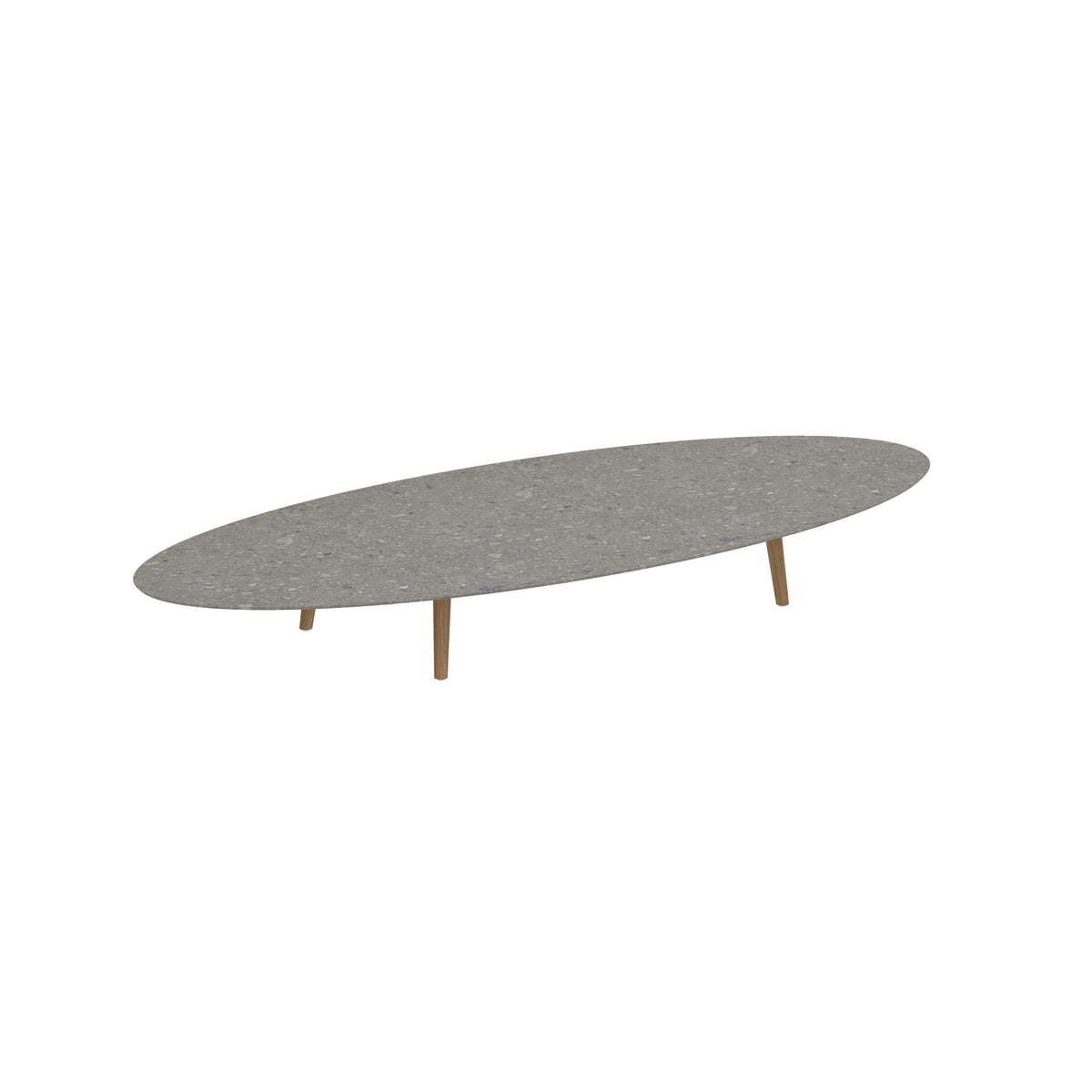 Royal Botania Styletto Loungetisch niedrig Ellipse 320 x 140 cm, Teakbeine, Keramik grau gemustert (Ceppo Dolomitica)