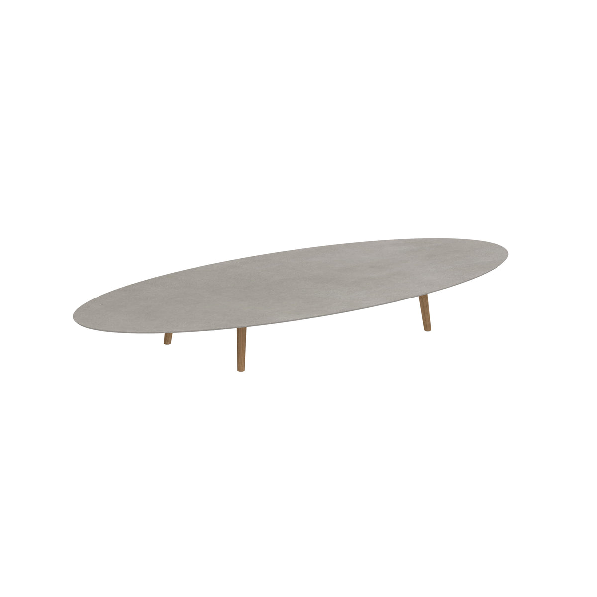 Royal Botania Styletto Loungetisch niedrig Ellipse 320 x 140 cm, Teakbeine, Keramik zementgrau (Cemento Luminoso)