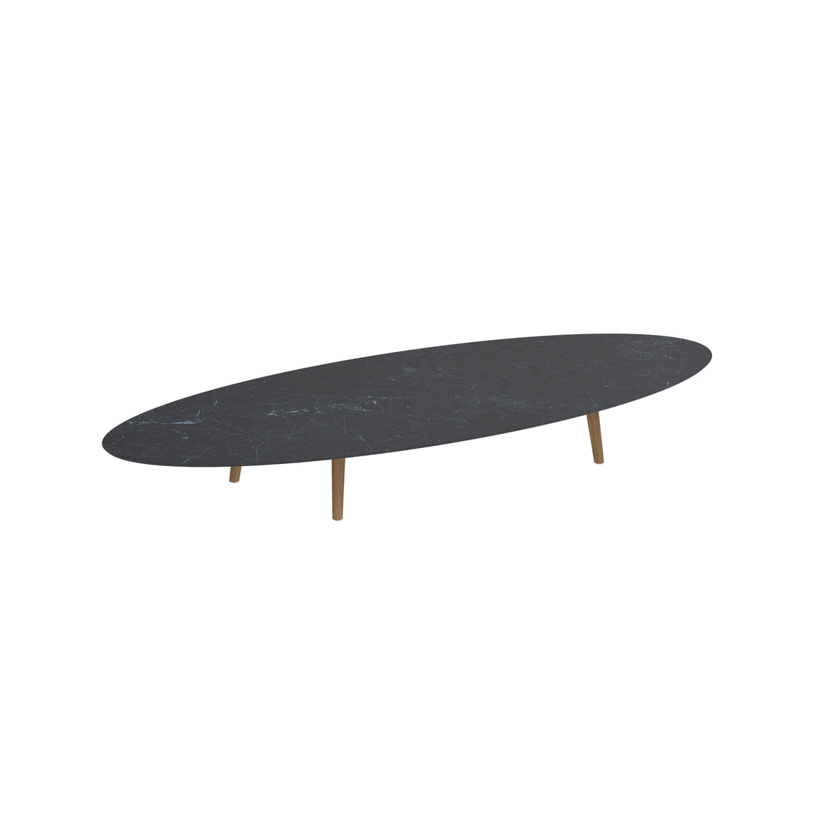 Royal Botania Styletto Loungetisch niedrig Ellipse 320 x 140 cm, Teakbeine, Keramik schwarz geädert (Nero Marquina)