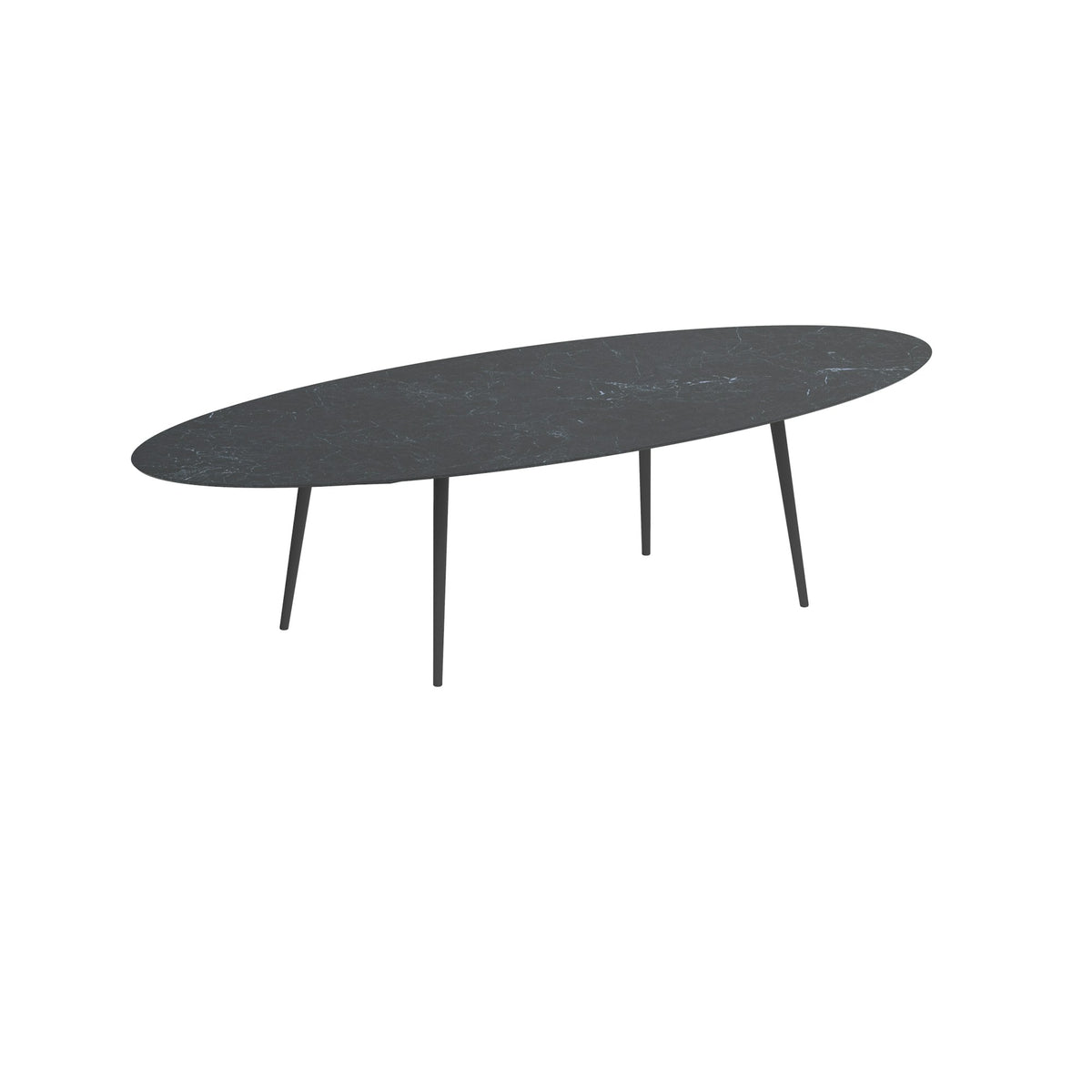 Royal Botania Styletto Esstisch Ellipse 320 x 140 cm – Alu anthrazit · Keramik schwarz geädert (Nero Marquina)