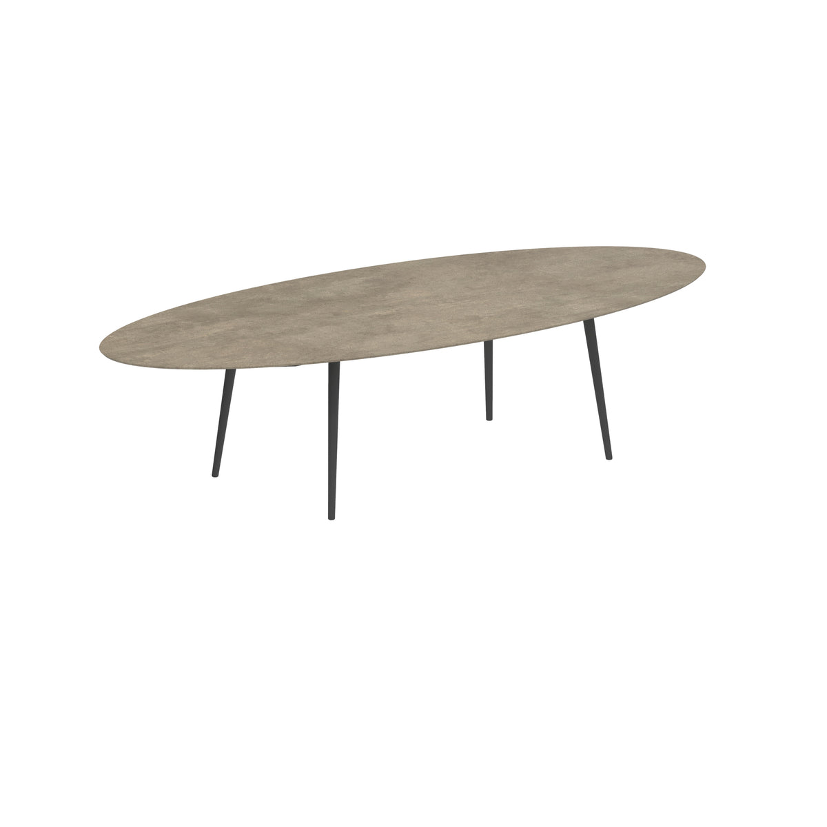 Royal Botania Styletto Esstisch Ellipse 320 x 140 cm, Alu anthrazit, Keramik graubraun (Terra Sabbia)