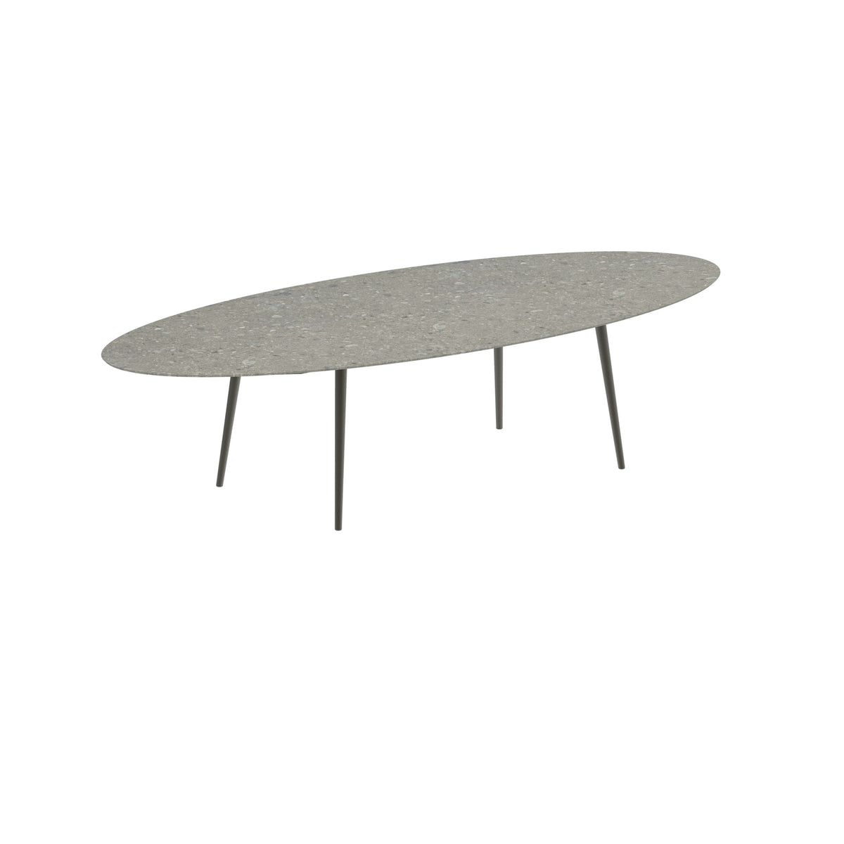 Royal Botania Styletto Esstisch Ellipse 320 x 140 cm – Alu bronze · Keramik grau gemustert (Ceppo Dolomitica)