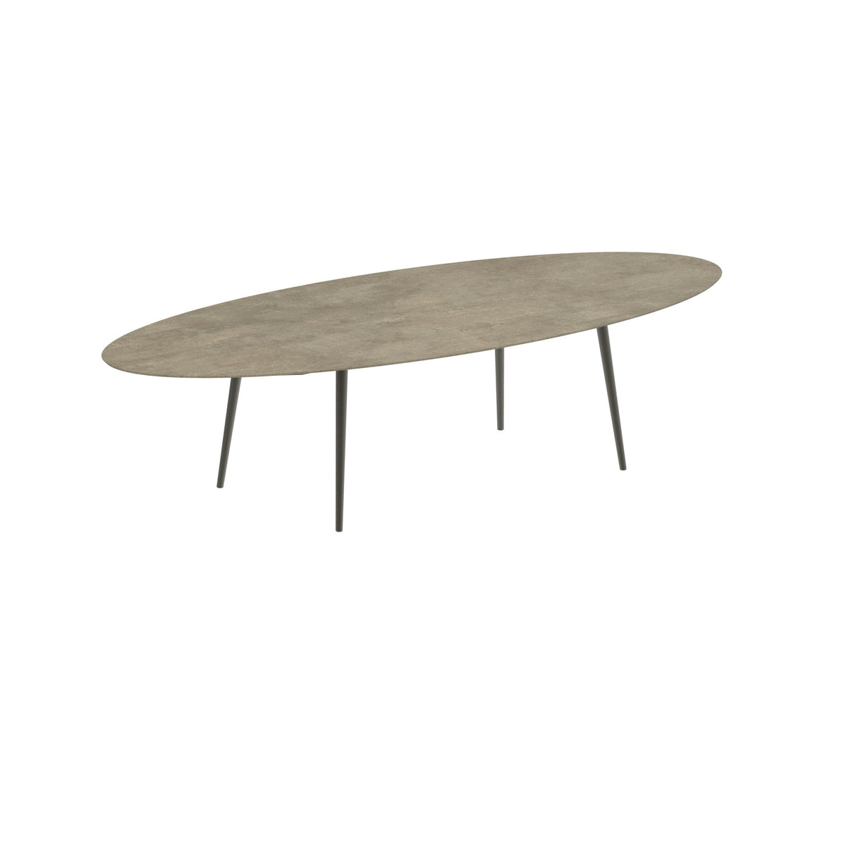 Royal Botania Styletto Esstisch Ellipse 320 x 140 cm – Alu bronze · Keramik graubraun (Terra Sabbia)
