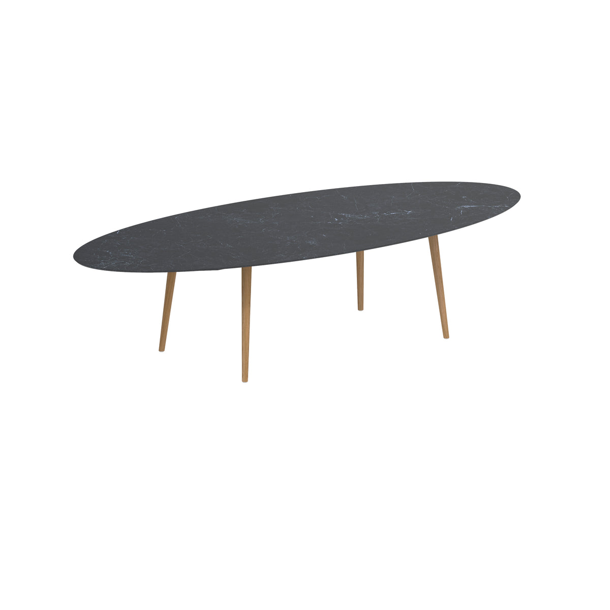 Royal Botania Styletto Esstisch Ellipse 320 x 140 cm, Teakbeine, Keramik schwarz geädert (Nero Marquina)