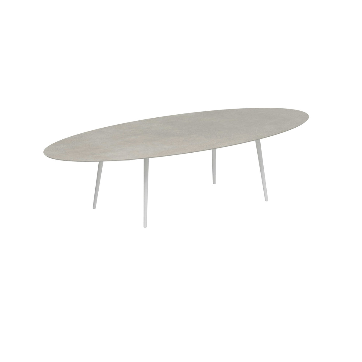 Royal Botania Styletto Esstisch Ellipse 320 x 140 cm – Alu weiß · Keramik zementgrau (Cemento Luminoso)