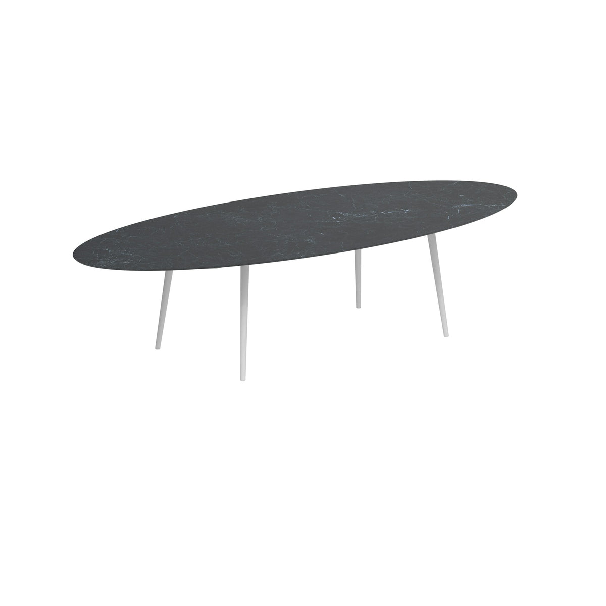 Royal Botania Styletto Esstisch Ellipse 320 x 140 cm – Alu weiß · Keramik schwarz geädert (Nero Marquina)