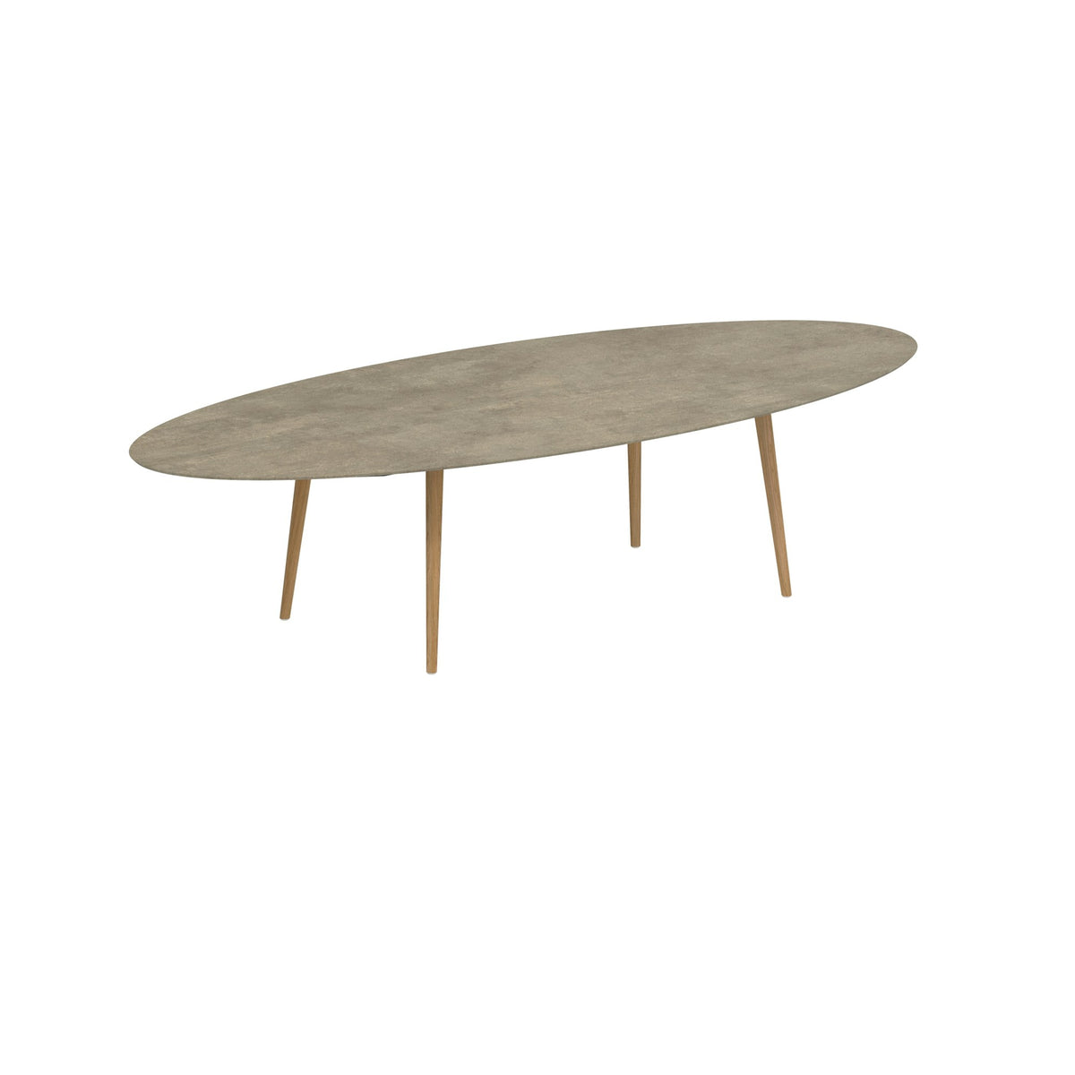 Royal Botania Styletto Esstisch Ellipse 320 x 140 cm – Teakbeine · Keramik grau-braun geädert (Strato Quartz)