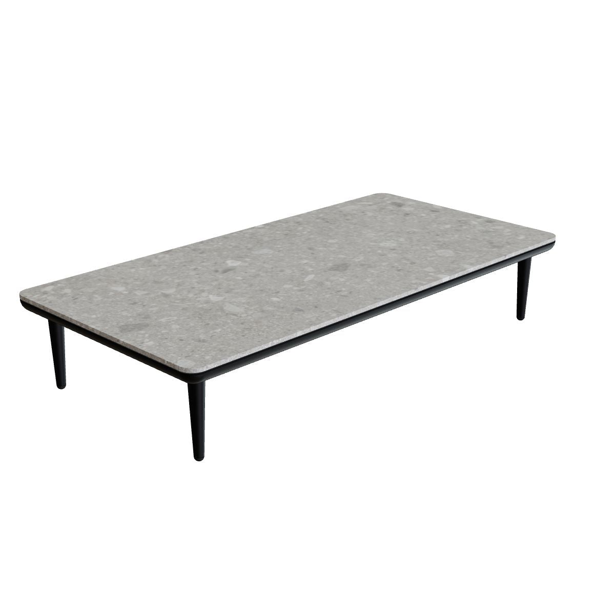 Royal Botania Styletto Lounge Tisch 144 x 72 cm, Gestell anthrazit, Keramik grau gemustert (Ceppo Dolomitica)