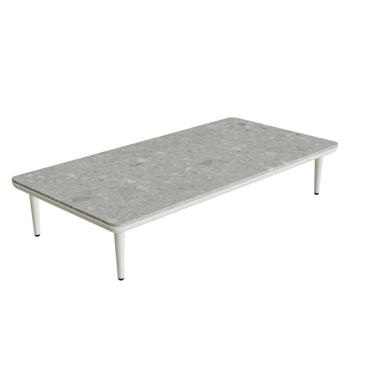 Royal Botania Styletto Lounge Tisch 144 x 72 cm – weiß · Keramik grau gemustert (Ceppo Dolomitica)
