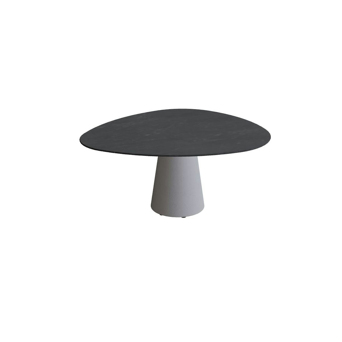 Royal Botania Conix Tisch Plektrum 150 cm – niedriger Esstisch, H 67 cm · Sockel zementgrau (cement grey) · Keramik schwarz geädert (Nero Marquina)