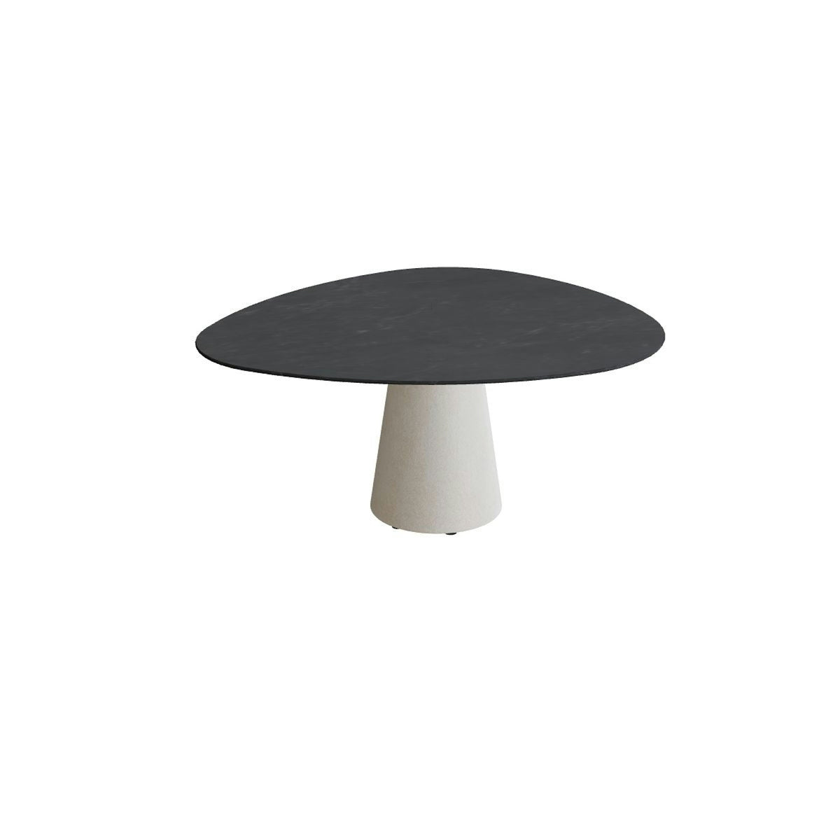 Royal Botania Conix Tisch Plektrum 150 cm – niedriger Esstisch, H 67 cm · Sockel sand (desert) · Keramik schwarz geädert (Nero Marquina)