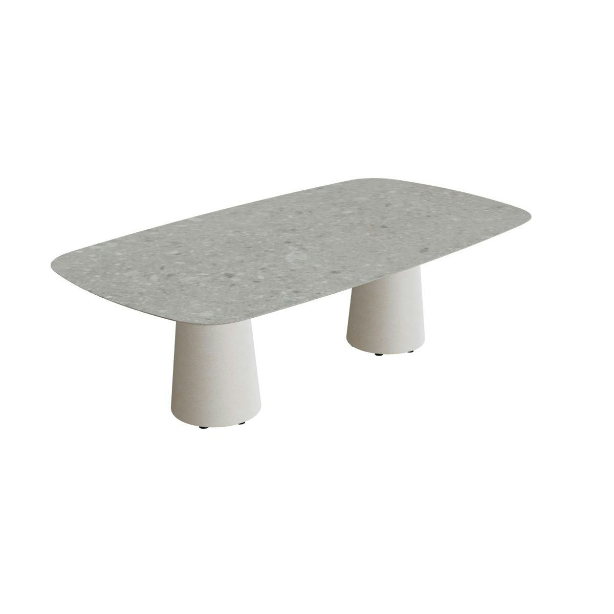 Royal Botania Conix Tisch 220 x 120 cm – niedriger Esstisch, H 67 cm · Sockel sand (desert) · Keramik grau gemustert (Ceppo Dolomitica)