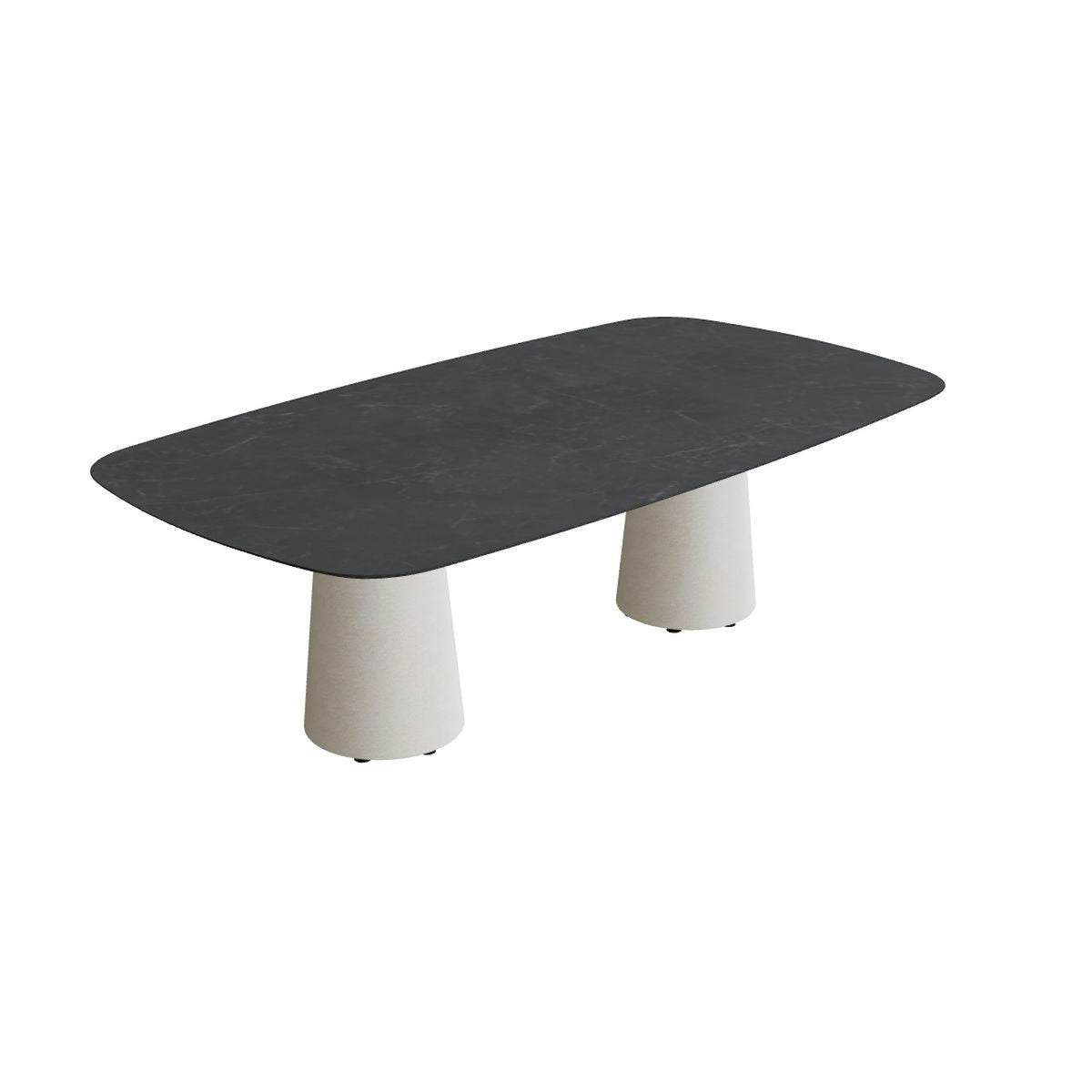 Royal Botania Conix Tisch 220 x 120 cm – niedriger Esstisch, H 67 cm · Sockel sand (desert) · Keramik schwarz geädert (Nero Marquina)