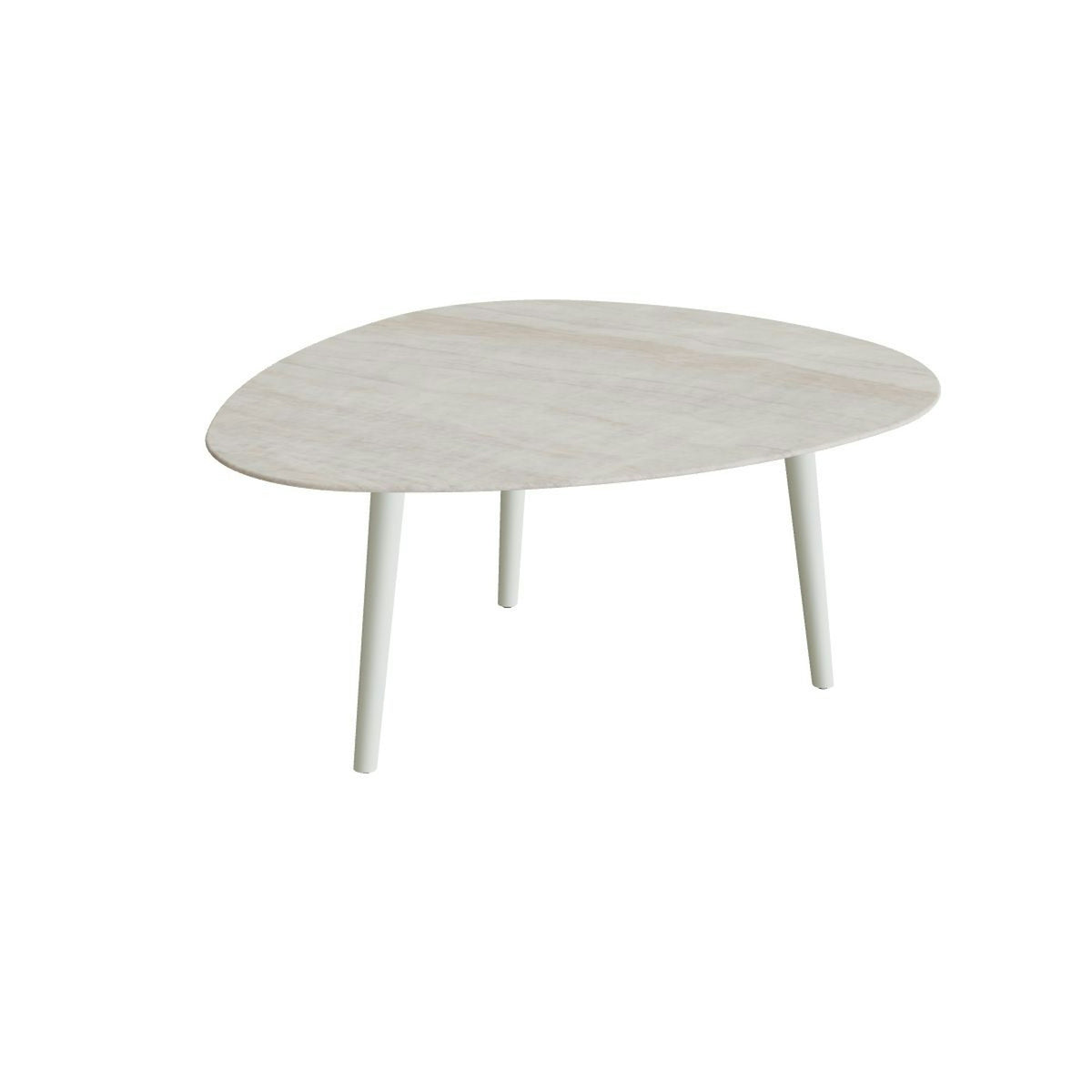 Royal Botania Styletto Loungetisch niedrig Plektrum 150 cm – Alu weiß · Keramik grau-braun geädert (Strato Quartz)