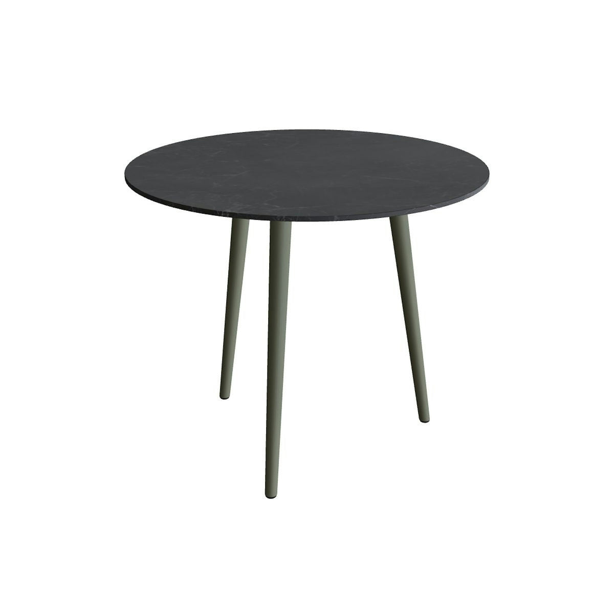 Royal Botania Styletto Esstisch rund 90 cm – Alu salbeigrün (sage) · Keramik schwarz geädert (Nero Marquina)