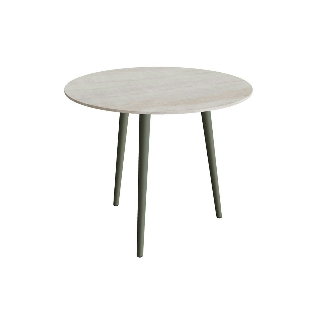 Royal Botania Styletto Esstisch rund 90 cm – Alu salbeigrün (sage) · Keramik grau-braun geädert (Strato Quartz)